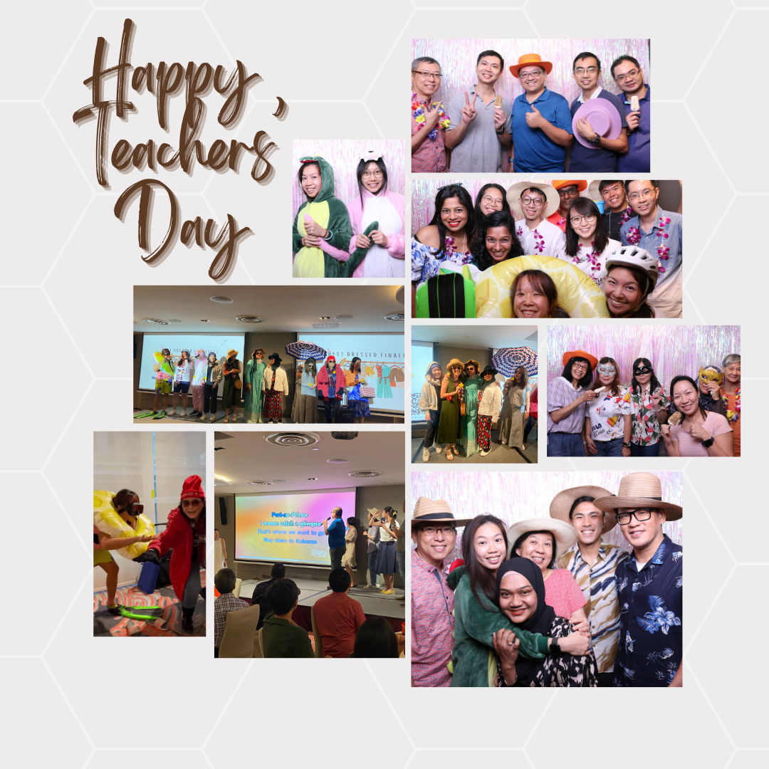 Collage of people in costumes and hats celebrating Teachers' Day with group photos and a karaoke screen.